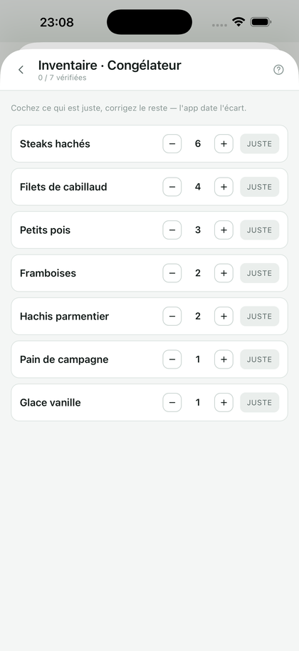 Le mode inventaire : chaque ligne avec sa quantité et un bouton Juste.