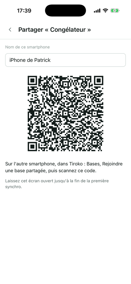 L'écran Partager : nom de ce smartphone et QR code à scanner.