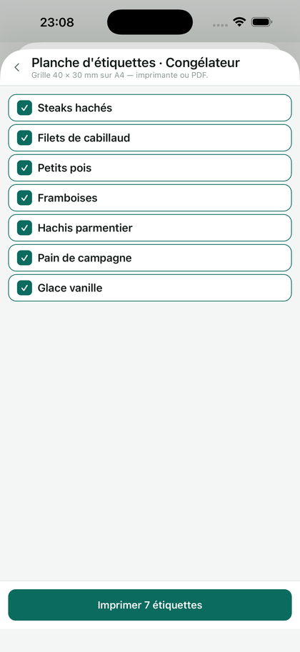 La planche d'étiquettes : on coche les articles à imprimer.