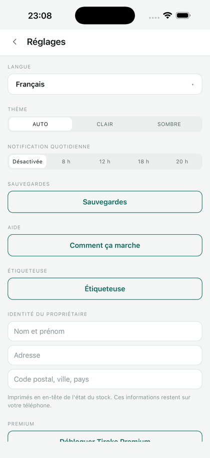L'écran Réglages : langue, thème, notification quotidienne, sauvegardes, aide, étiqueteuse.