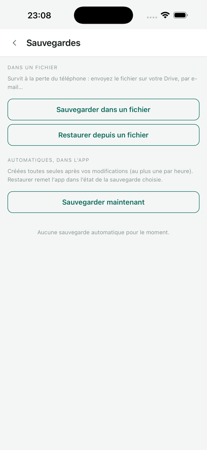 L'écran Sauvegardes : sauvegarder dans un fichier, restaurer depuis un fichier.