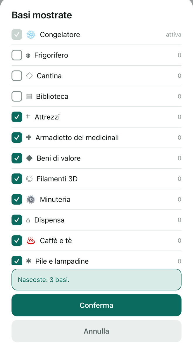 L'elenco Basi mostrate: la base attiva in grigio, tre basi non spuntate, Nascoste: 3 basi.
