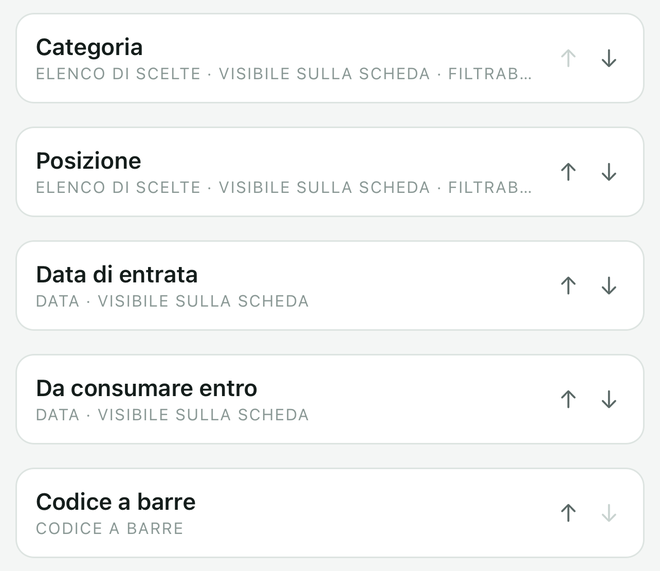 I campi di una base: categoria, posizione, data di entrata, da consumare entro, codice a barre.