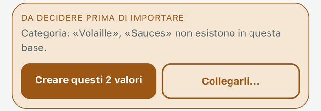 Il blocco ambra: i valori sconosciuti e i due pulsanti creare o collegare.