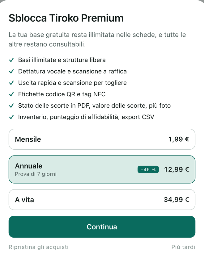 La schermata delle formule: mensile, annuale con sette giorni di prova, a vita.