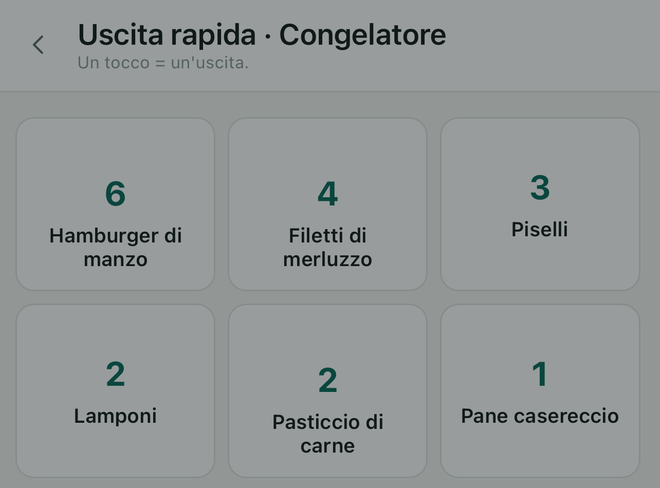 Il prelievo rapido: sei pulsanti grandi con il nome dell'articolo e la quantità.
