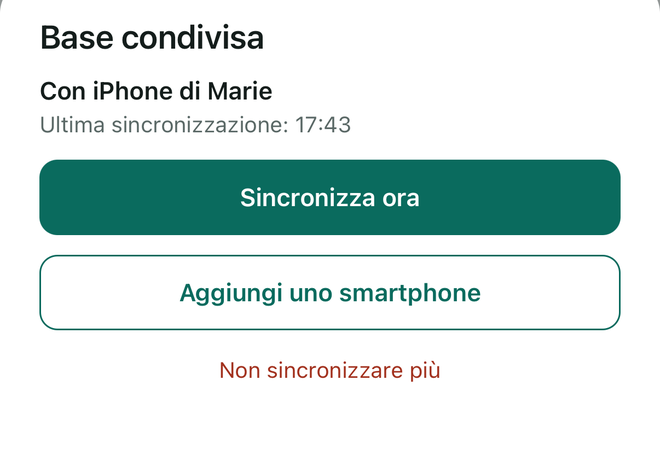 Il foglio Base condivisa: ultima sincronizzazione, Sincronizza ora, Aggiungi uno smartphone, Non sincronizzare più.