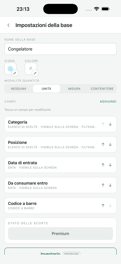 Le impostazioni di una base: nome, icona, colore, modalità di quantità, elenco dei campi.