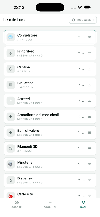 La lista delle basi: congelatore, frigo, cantina, libreria, utensili…