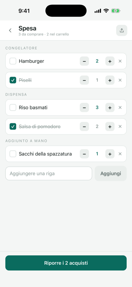 La lista della spesa: le righe per base con la quantità, due righe spuntate, il pulsante Riporre i 2 acquisti.