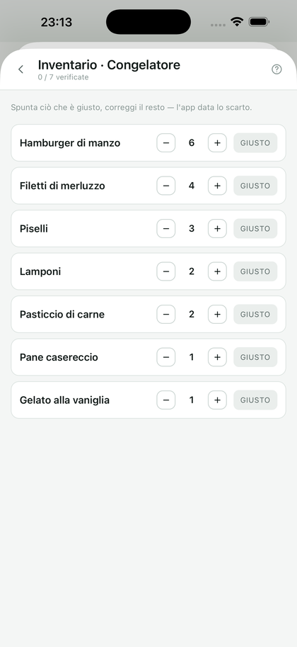 La modalità inventario: ogni riga con la sua quantità e un pulsante Giusto.