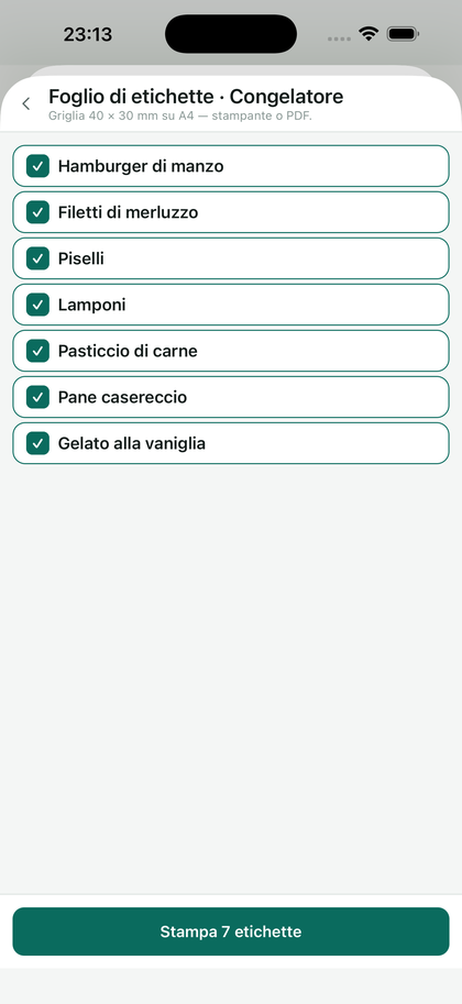 Il foglio di etichette: si spuntano gli articoli da stampare.