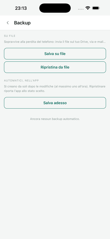 La schermata Backup: salvare in un file, ripristinare da un file.