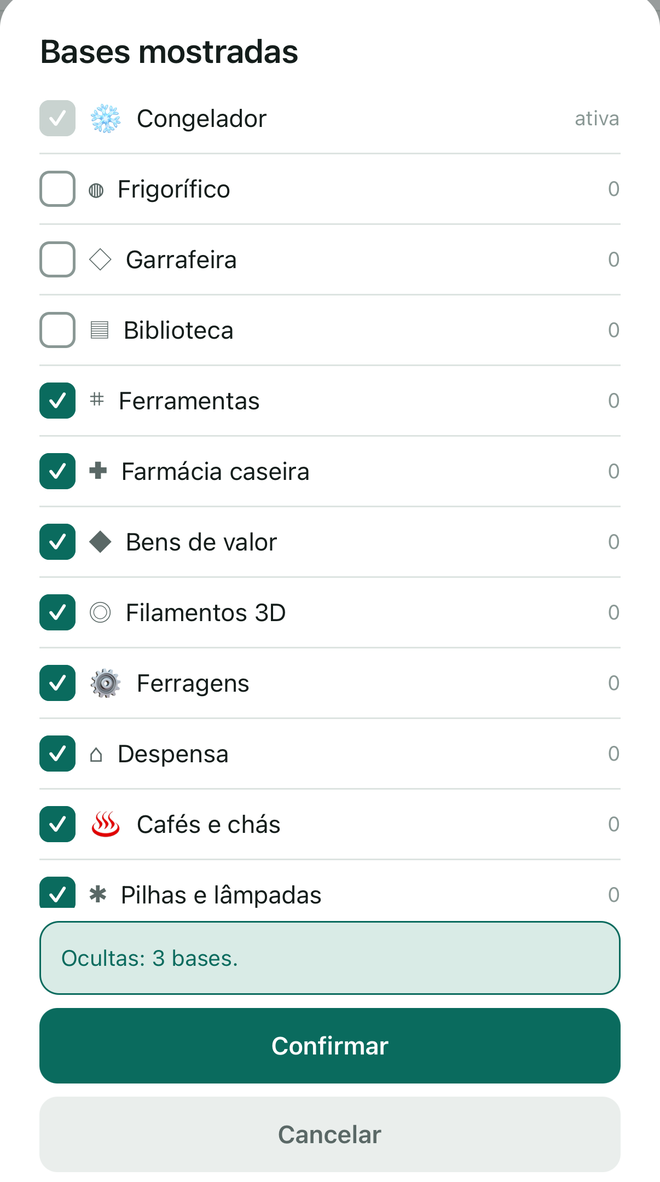 A lista Bases mostradas: a base ativa a cinzento, três bases desmarcadas, Ocultas: 3 bases.
