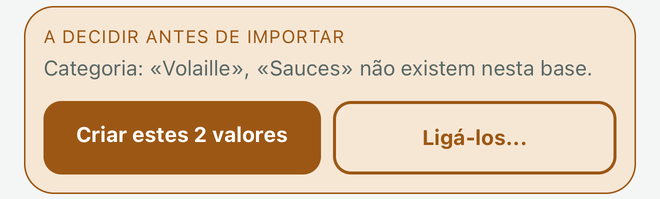 O bloco âmbar: os valores desconhecidos e os dois botões criar ou ligar.