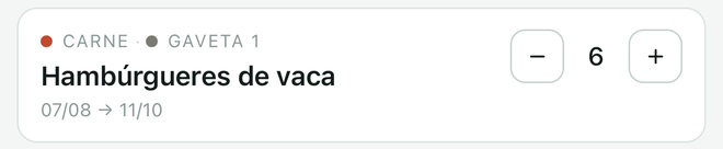 Uma linha de artigo com os botões menos e mais e a quantidade.