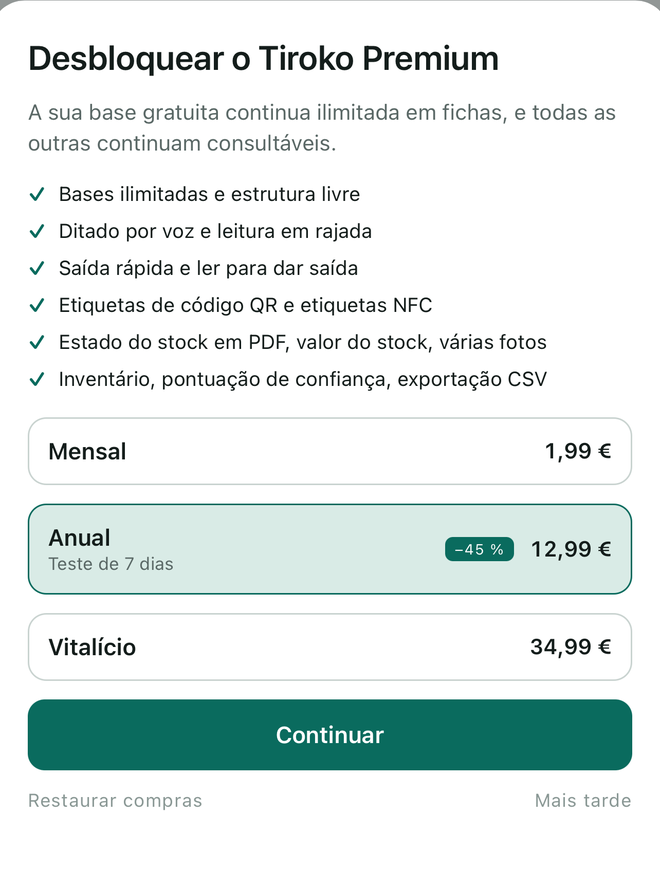 O ecrã das fórmulas: mensal, anual com sete dias de experiência, vitalícia.