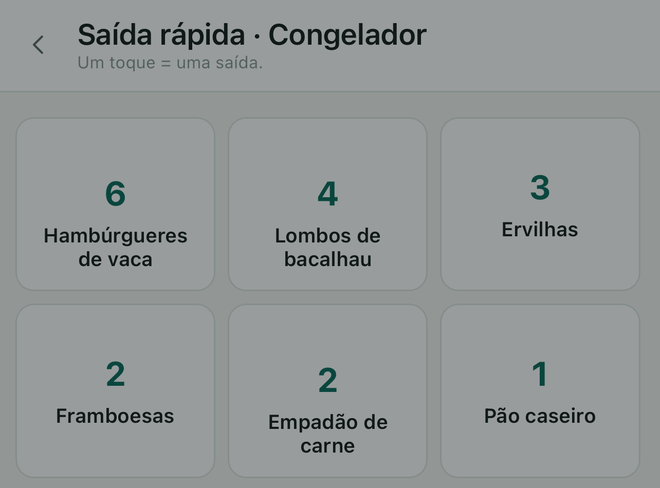 A saída rápida: seis botões grandes com o nome do artigo e a sua quantidade.