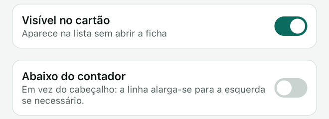 As definições Visível no cartão e Abaixo do contador, a primeira ativada.