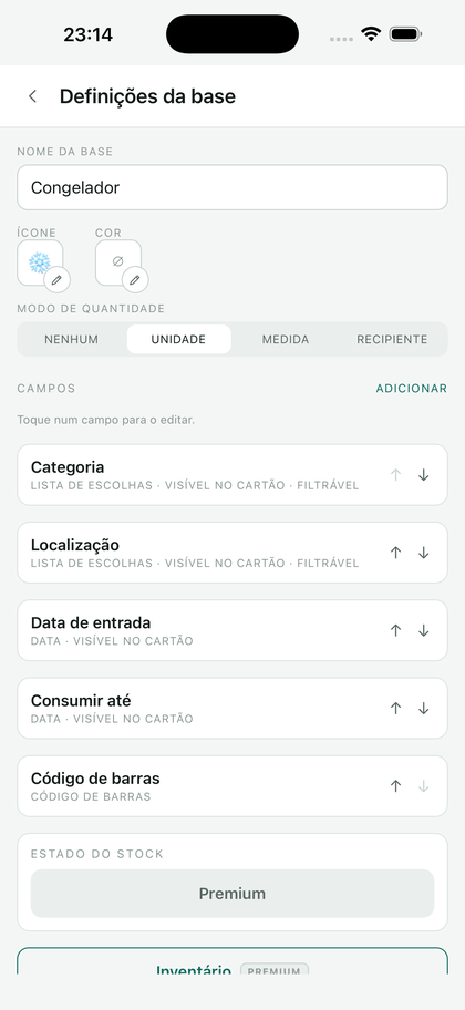 As definições de uma base: nome, ícone, cor, modo de quantidade, lista de campos.