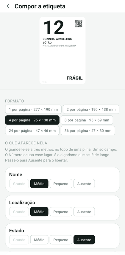 O compositor de etiquetas: pré-visualização, tamanho e o grau de cada campo.