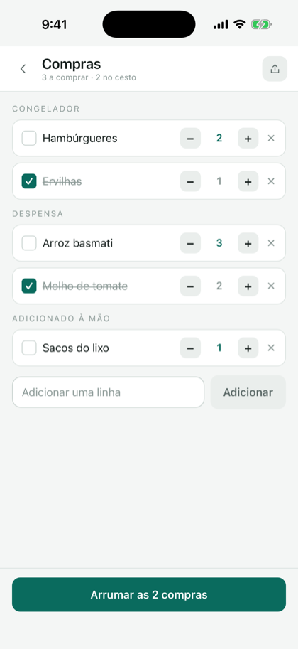 A lista de compras: as linhas por base com a quantidade, duas linhas marcadas, o botão Arrumar as 2 compras.