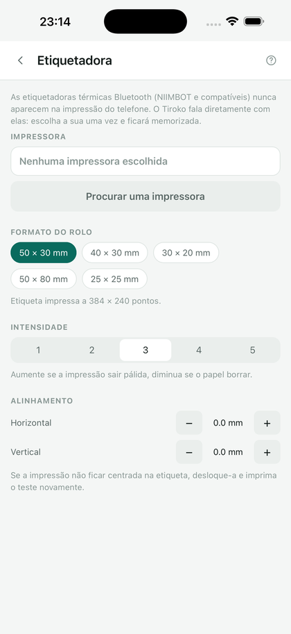 O ecrã de definições da etiquetadora: procura, formato do rolo, nitidez, alinhamento.