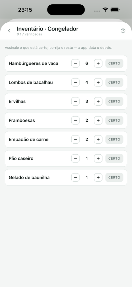 O modo inventário: cada linha com a sua quantidade e um botão Certo.