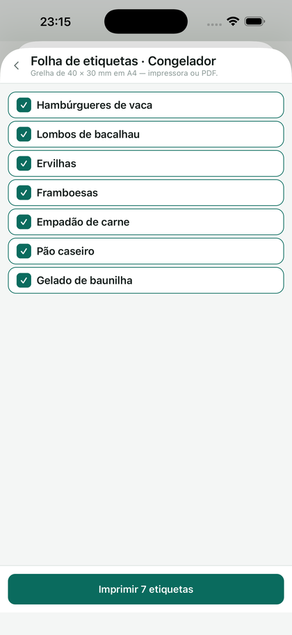 A folha de etiquetas: assinalam-se os artigos a imprimir.