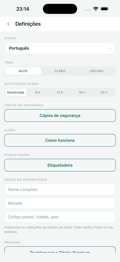 O ecrã Definições: idioma, tema, notificação diária, cópias de segurança, ajuda, etiquetadora.
