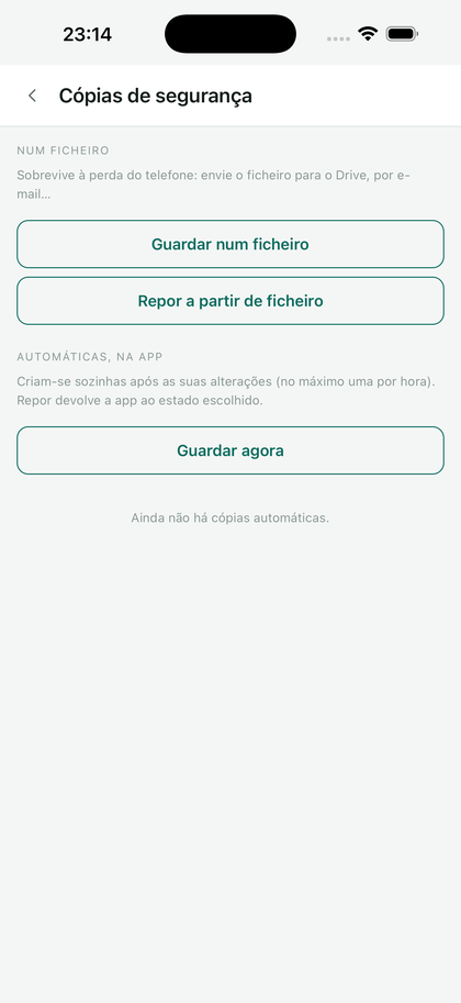 O ecrã Cópias de segurança: guardar num ficheiro, repor a partir de um ficheiro.