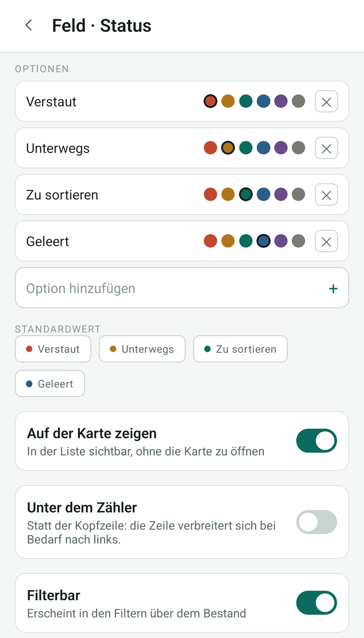 Vollständige Einstellungen des Felds Status