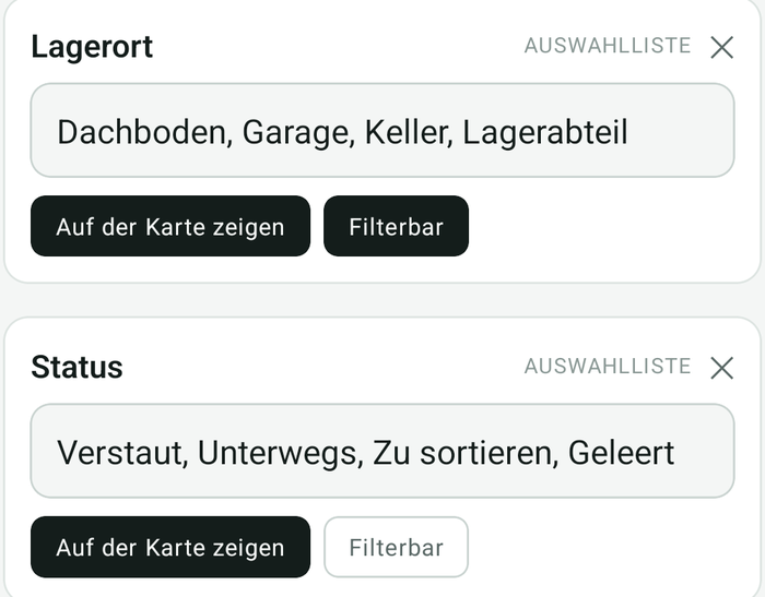 Die Felder Ort und Status