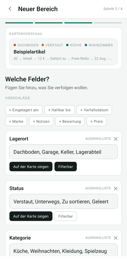Feldliste des Bereichs