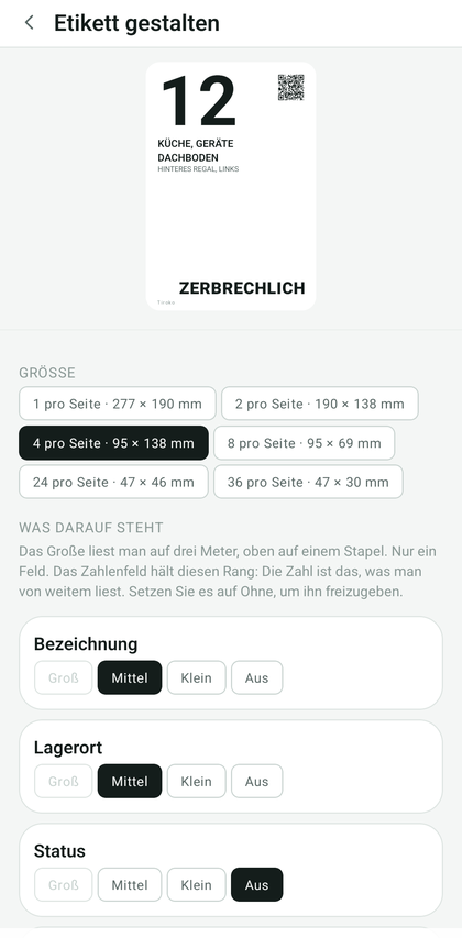 Bildschirm zur Gestaltung des Etiketts