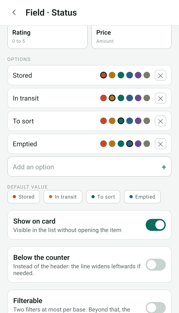 Full settings of the Status field