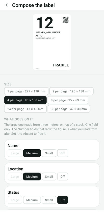 The label composition screen