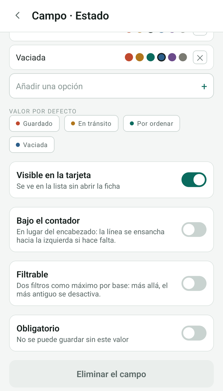 Ajustes completos del campo Estado