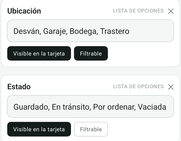 Los campos Ubicación y Estado