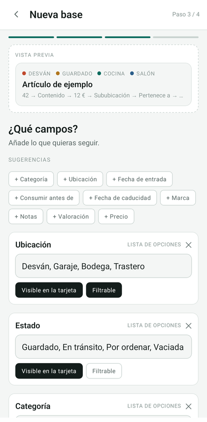 Lista de campos de la base