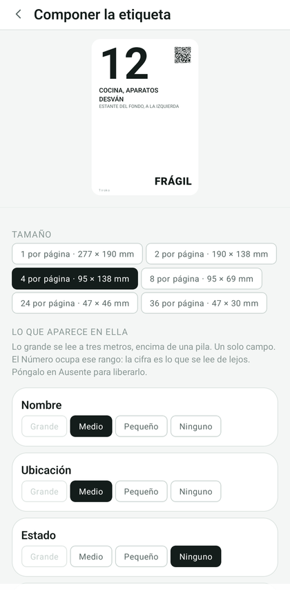 Pantalla de composición de la etiqueta