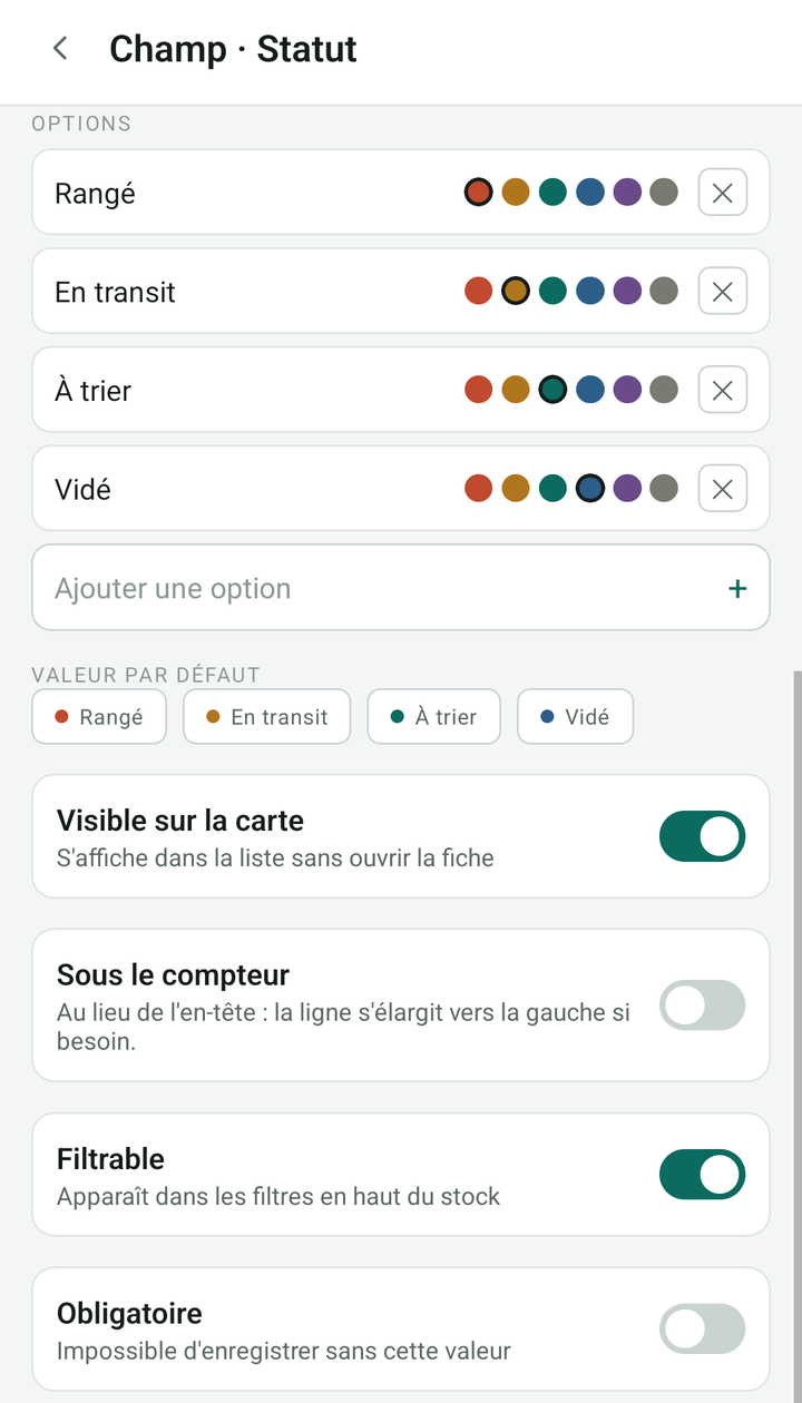 Réglages complets du champ Statut