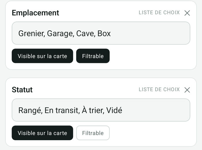 Les champs Emplacement et Statut