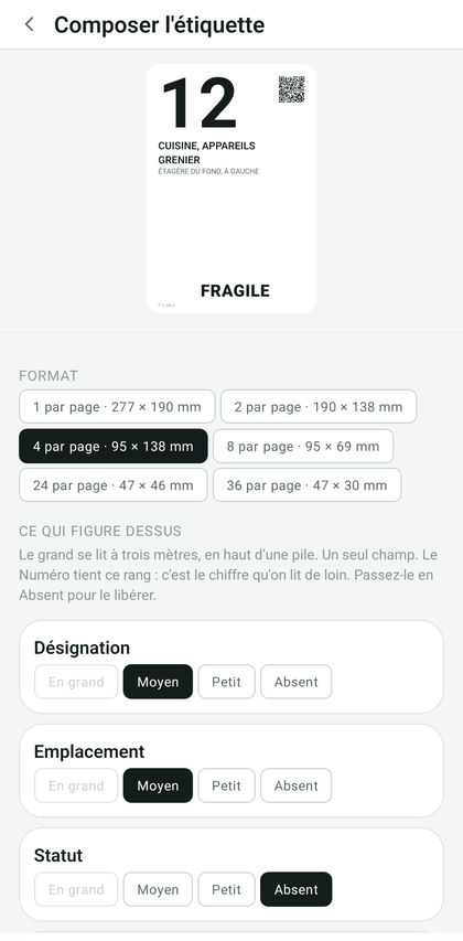 Écran de composition de l'étiquette