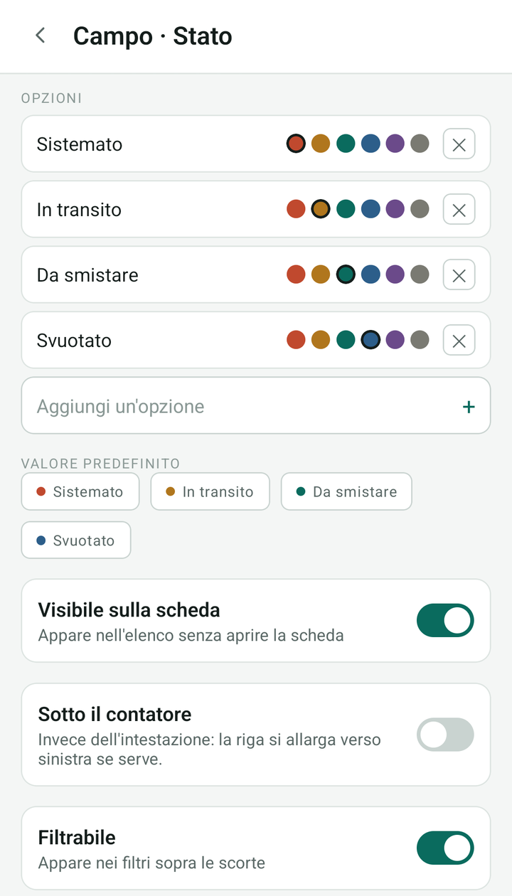Impostazioni complete del campo Stato