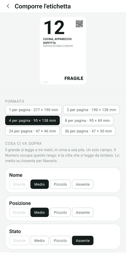 Schermata di composizione dell'etichetta