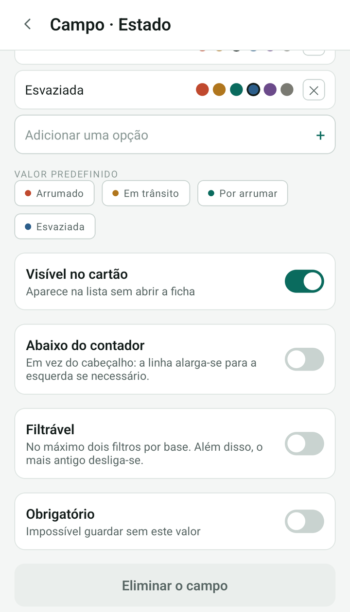 Definições completas do campo Estado