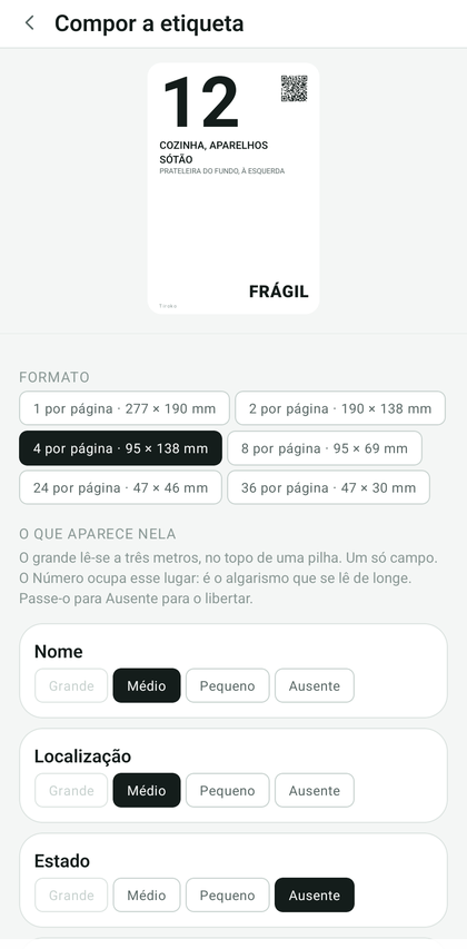Ecrã de composição da etiqueta